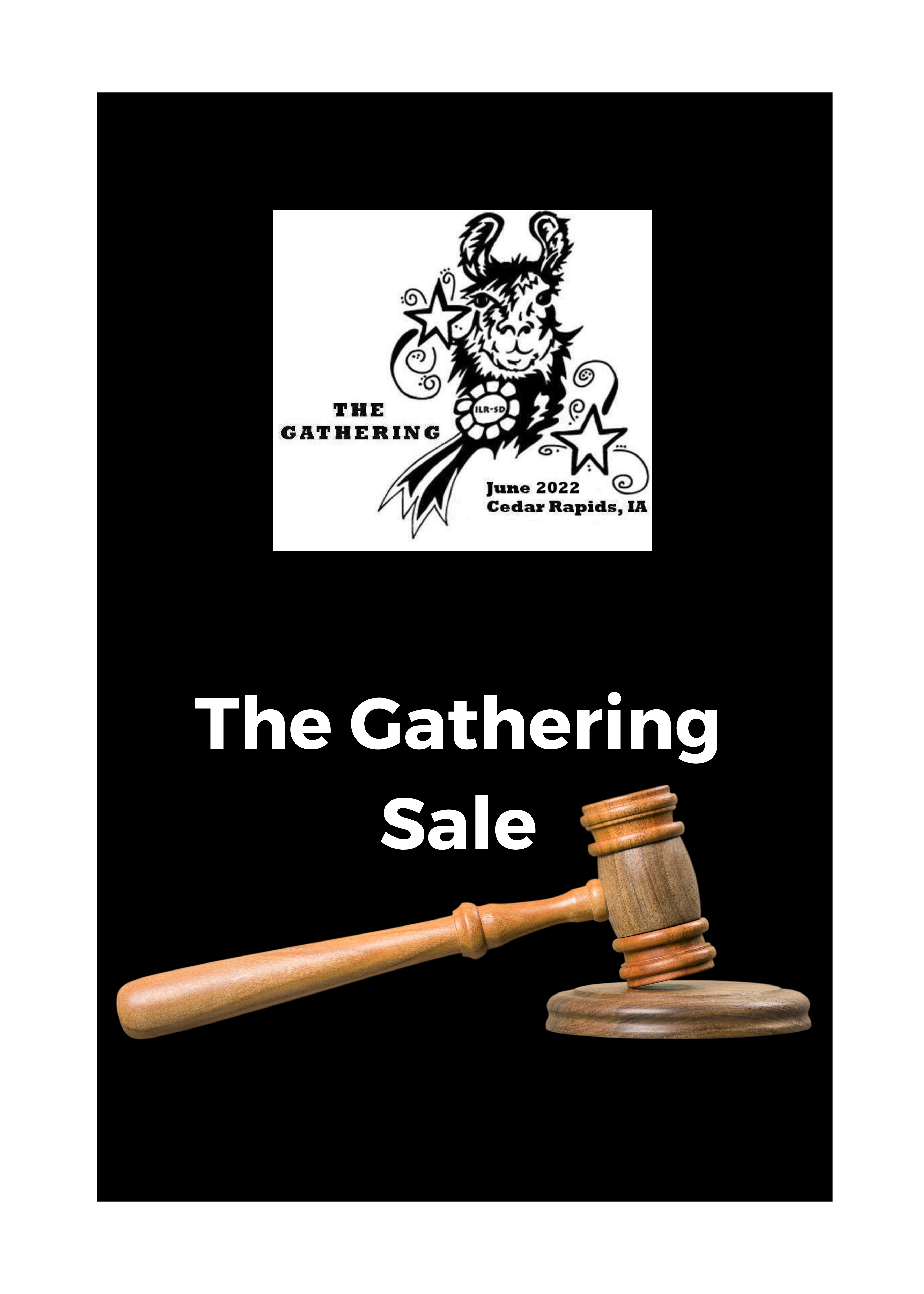 Promotional flyer for The Gathering Sale featuring a gavel and logo.