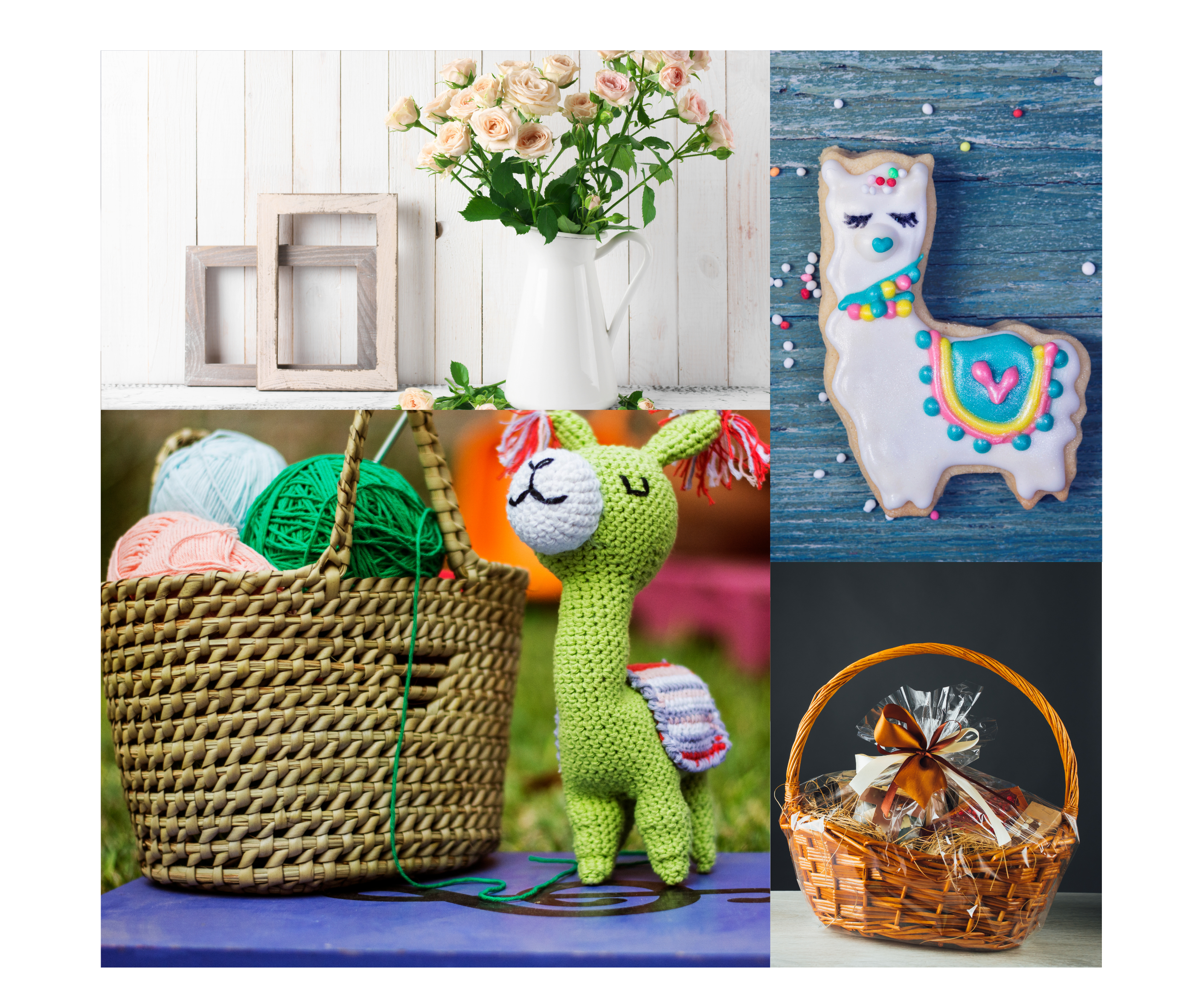 Colorful handmade stuffed animals and yarn crafts displayed in baskets.